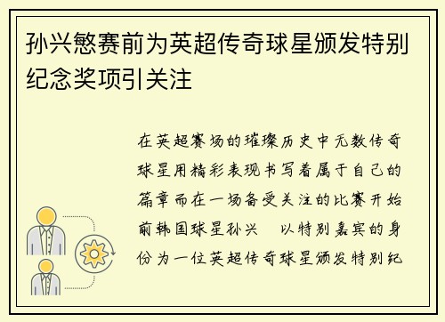 孙兴慜赛前为英超传奇球星颁发特别纪念奖项引关注